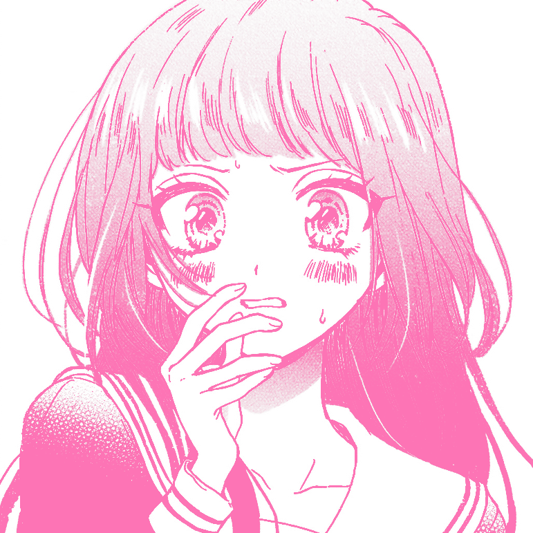 a screencap from the manga killing me by akiyama. it is a closeup of the character saki looking shocked, edited so the linework is pink